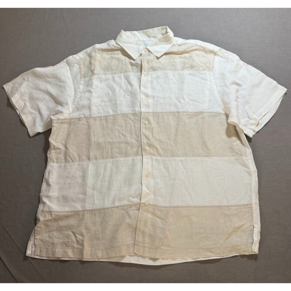 Caribbean Shirt Linen Adult Extra Large White Beige Button Up Short Sleeve Camp.